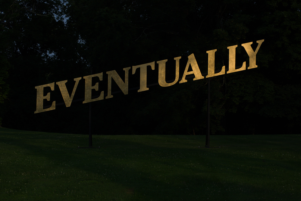 EVENTUALLY, GILDED STEEL AUTONYM, 2023, AUTOMOTIVE URETHANE, EPOXY, METAL LEAF, ENAMEL, STAINLESS, AND STEEL, 10 X 21 X 4 FEET